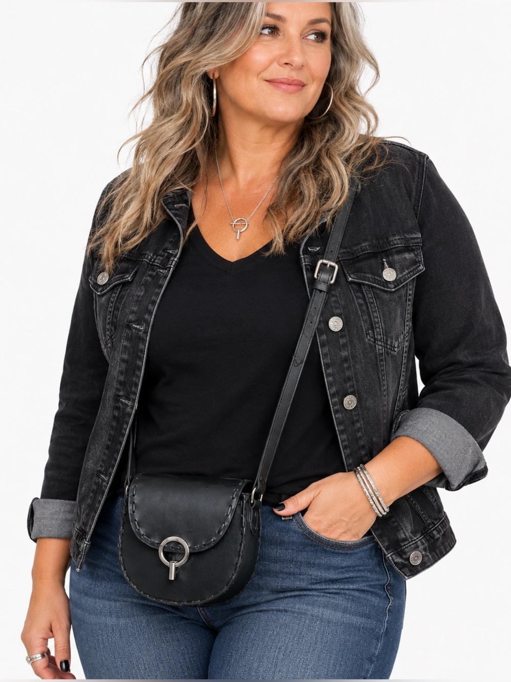 Handmade Black Leather Saddle Crossbody Bag Hand Laced Silver Hardware